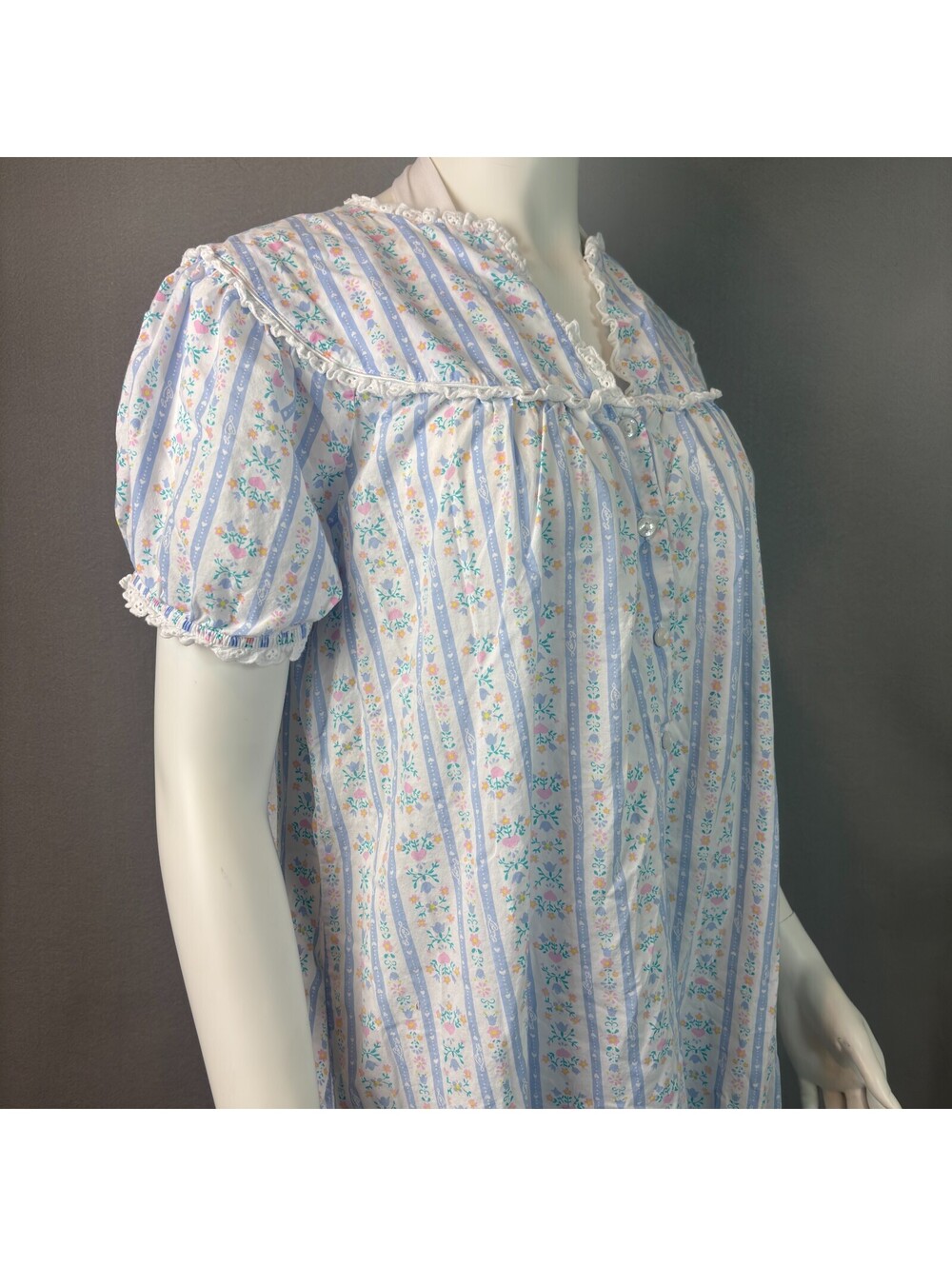 Lanz of Salzburg Long Nightgown Cotton Short Sleeve Floral White Blue Sz S - Picture 5 of 9